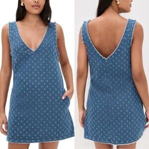 NEW JBQ V Neck Pockets Sleeveless Cotton Eyelets Mini Dress Blue Size: Small